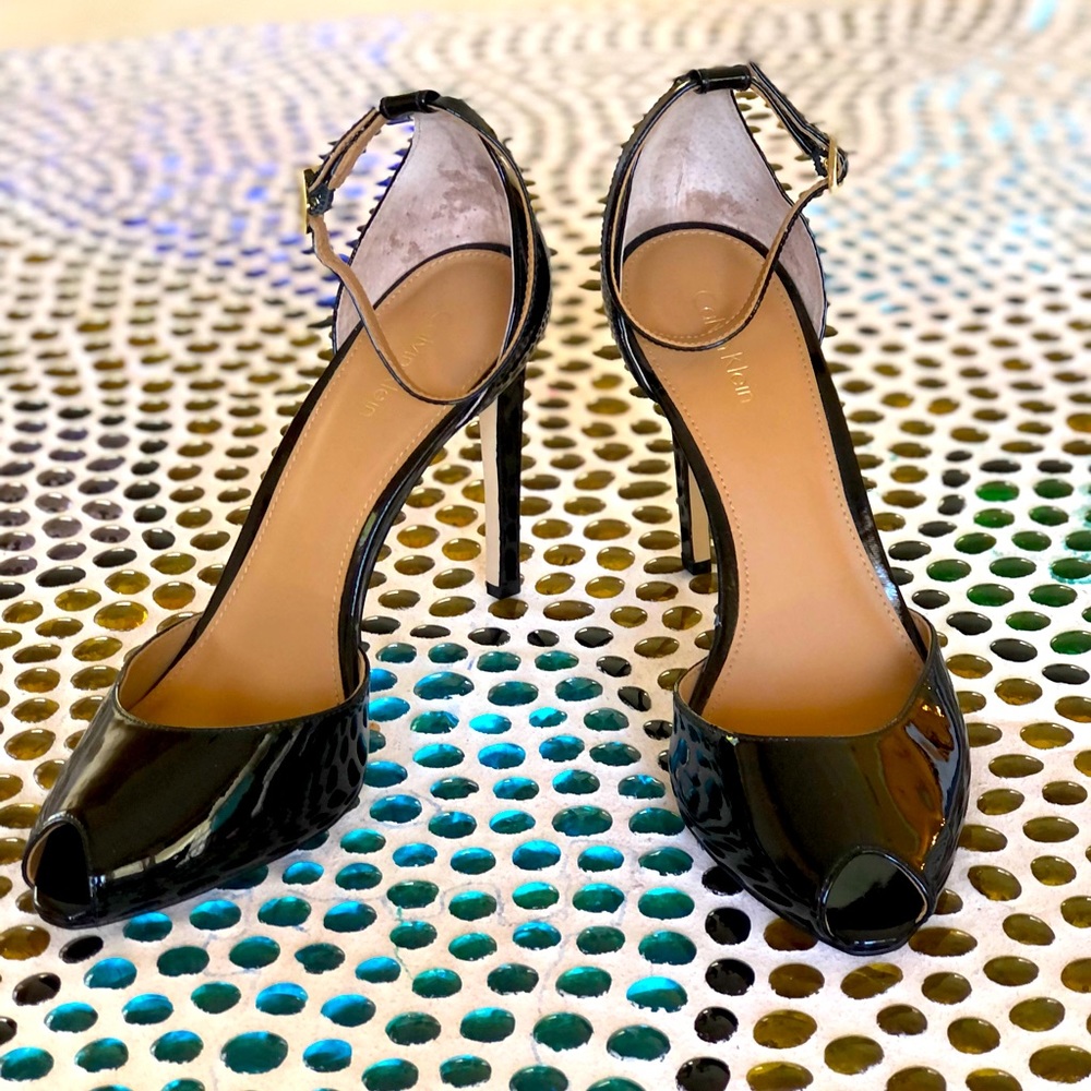 Calvin Klein  peep toe patent leather heels, size 7.5, 4 inch stiletto heel